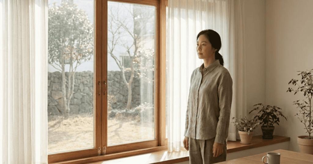 A woman stands quietly by a sunlit window looking out at a garden, her steady gaze suggesting a silent internal shift toward clarity.