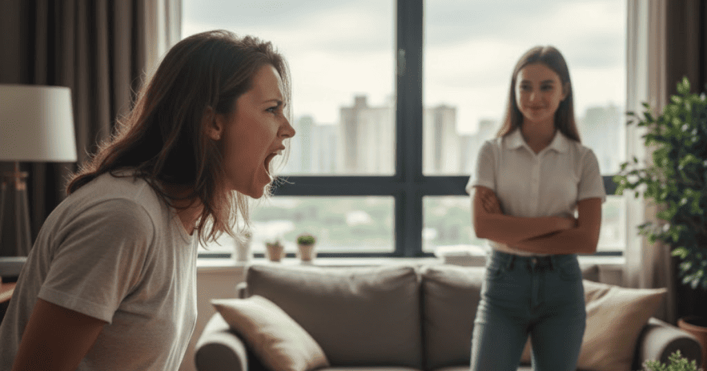 A woman yells in a living room while a younger girl stands in the background with arms crossed, suggesting a dramatic outburst benefits the quiet observer.