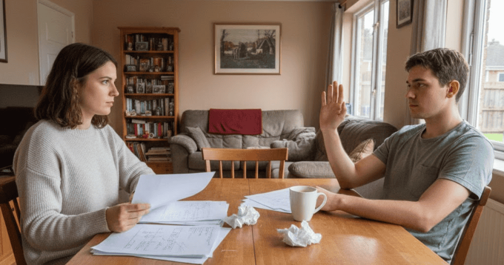 A man dismissively holds up his hand while a woman looks at documents on a table; external evidence is irrelevant to someone who has already settled on a predetermined narrative.