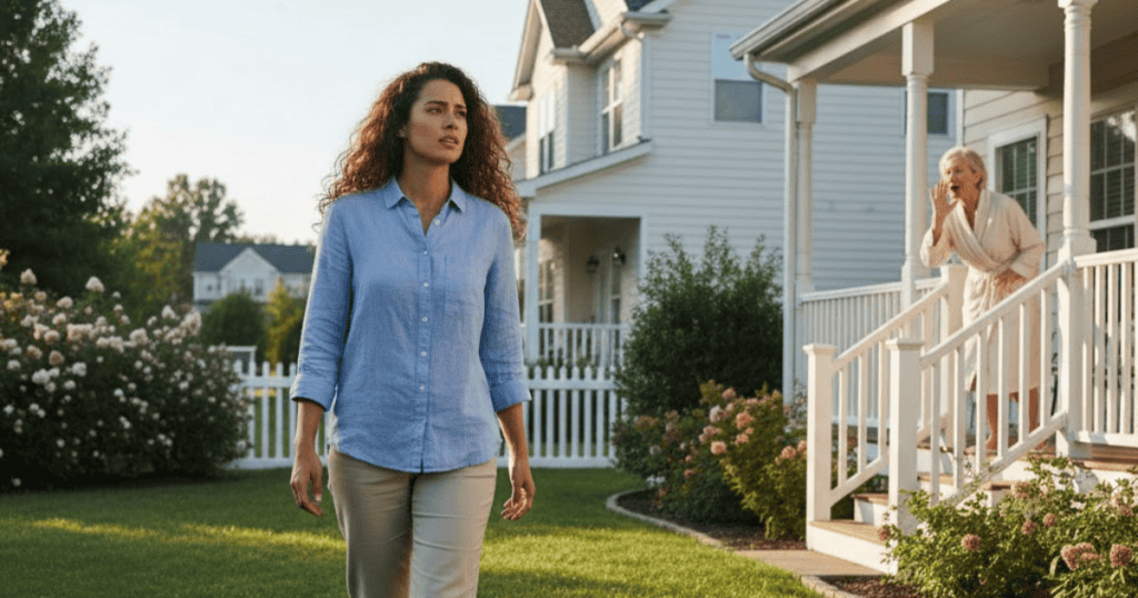A young woman walks away from a house with a troubled expression while an older woman calls out from the porch, casting a shadow over the bright afternoon.