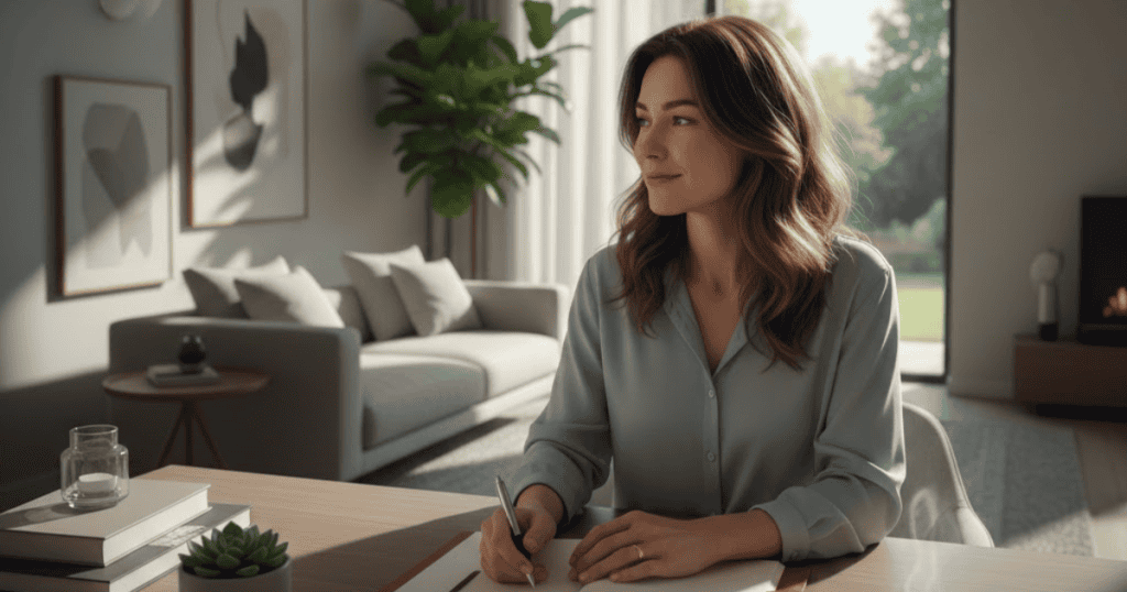 A woman sits at a desk with a pen and notebook while looking thoughtfully into the distance, as if finally connecting the dots of her experience.