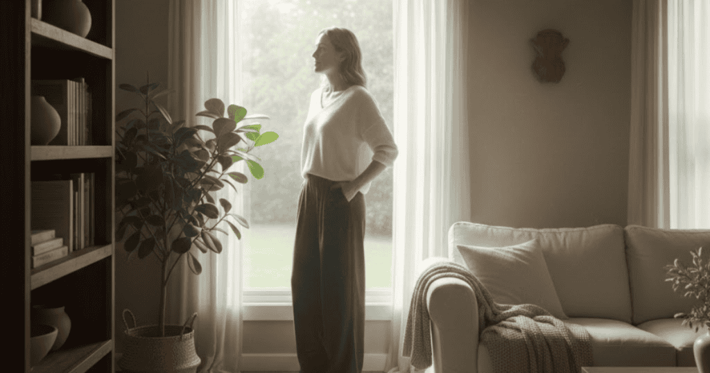 A woman stands alone by a large window looking out at a peaceful garden, her quiet contemplation suggesting a moment of awakening to a hidden reality.