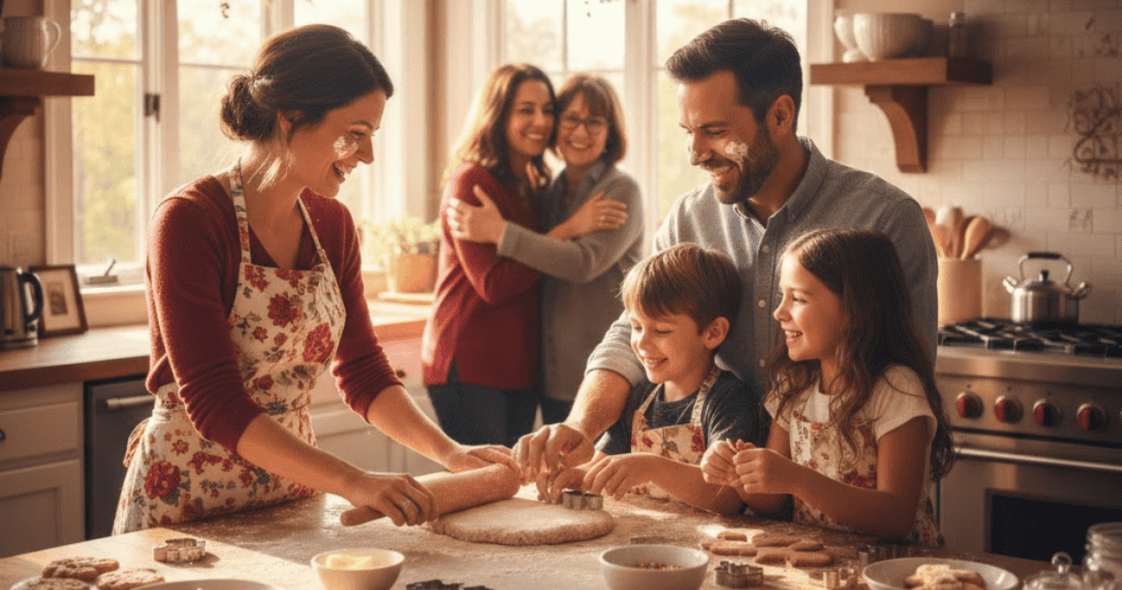 A smiling family is gathered in a sunlit kitchen, making holiday cookies while a group of adults shares a warm embrace in the background; the scene illustrates a strong, happy core unit defined by shared, joyful participation.
