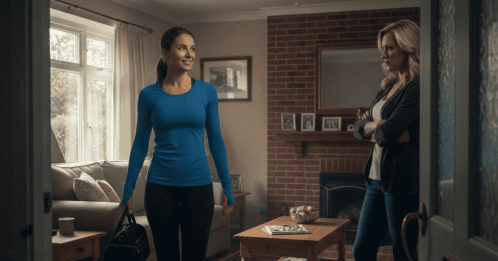 A woman in athletic wear smiles while entering a room as another woman stands watching her with arms crossed, implying an unwelcome reaction to a positive change.