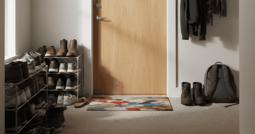 A view of a neatly organized entryway with a shoe rack and a rug faces a plain closed wooden door, symbolizing the barrier that separates the interior from the outside world.