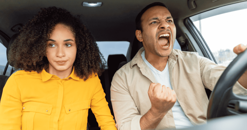 A tense car scene where a calm passenger sits beside a narcissistic driver yelling and gripping the wheel, illustrating how aggressive driving can expose narcissistic traits you shouldn’t ignore.