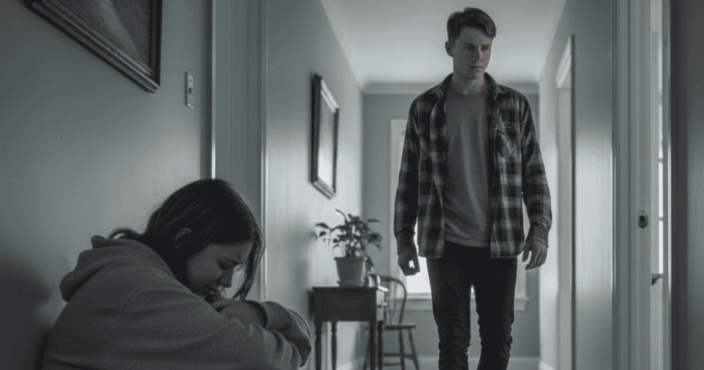 A man stands stiffly in a hallway while a woman weeps on the floor, his detached posture suggesting a deliberate refusal to offer comfort.