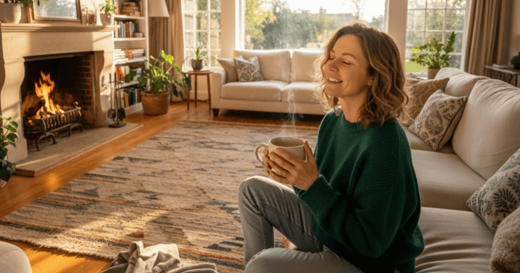 A woman smiles peacefully while holding a warm mug by a sunlit fireplace, reflecting the deep sense of calm that arrives after finally accepting a difficult truth.