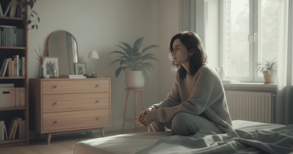 A woman sits alone looking emotionally down on her bed as sustained emotional manipulation takes a heavy toll on one's well-being.