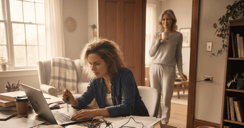 An older woman secretly unplugs a cord behind a focused, stressed younger woman, capturing the small but intentional acts of sabotage that expose a person's true character.