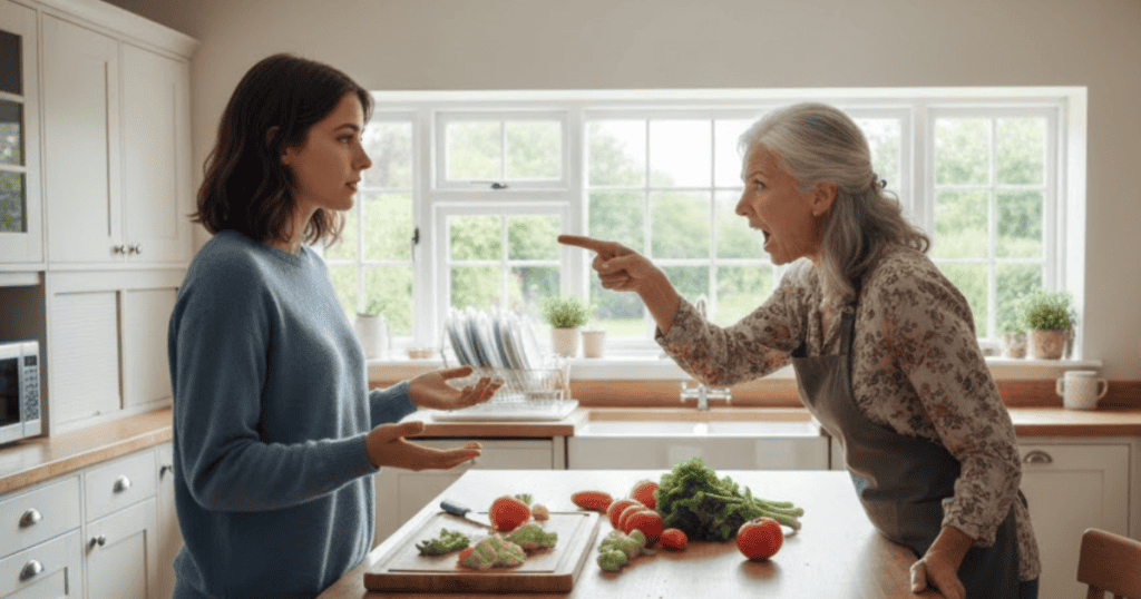 A younger woman arguing with an older woman in a kitchen; this intense conversation highlights how small details can be magnified and distorted.