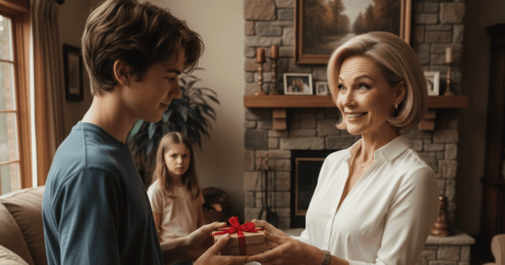 A smiling woman hands a gift to a teenage boy while a young girl watches unhappily from the background, hinting at how favoritism is used to create division within a family.