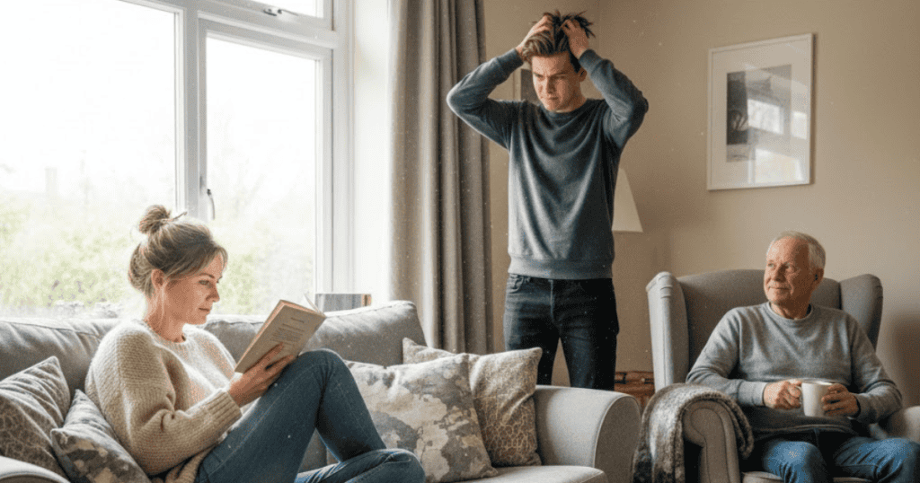 A woman remains deeply absorbed in her book on a sofa while a young man behind her reacts with visible frustration, reflecting the unsettling effect of calm detachment on those seeking a reaction.
