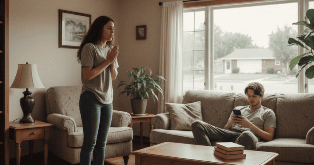 A woman gestures desperately while a man looks at his phone on the sofa; apparent indifference is often a deliberate tactic to elicit a reaction.