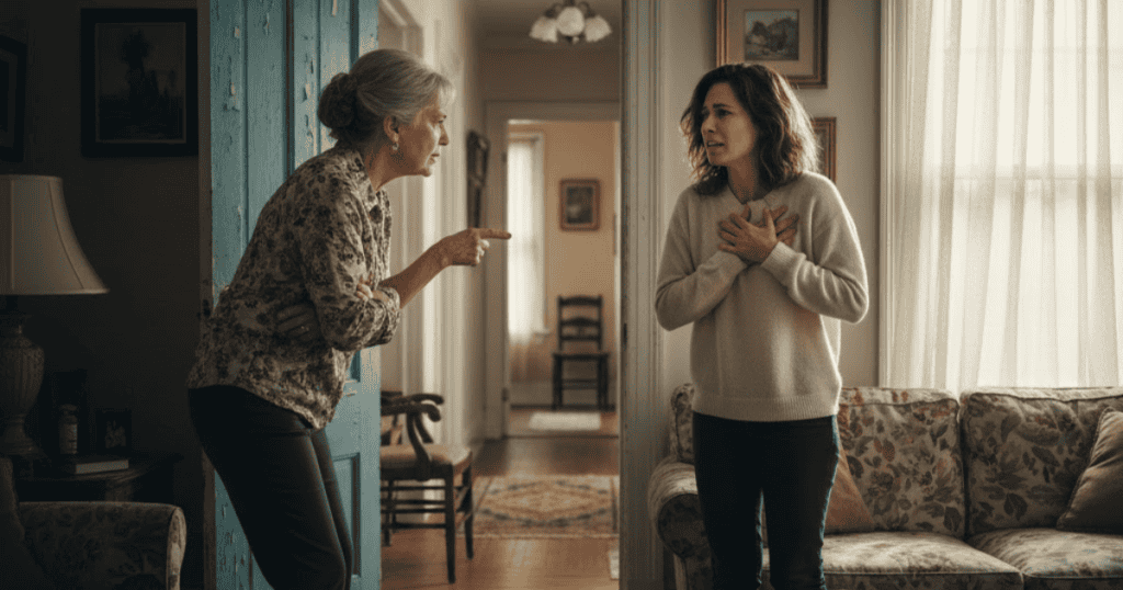 An older woman points an accusing finger at a younger woman with her hand to her chest; the conflict is an attempt to provoke a deep emotional response.