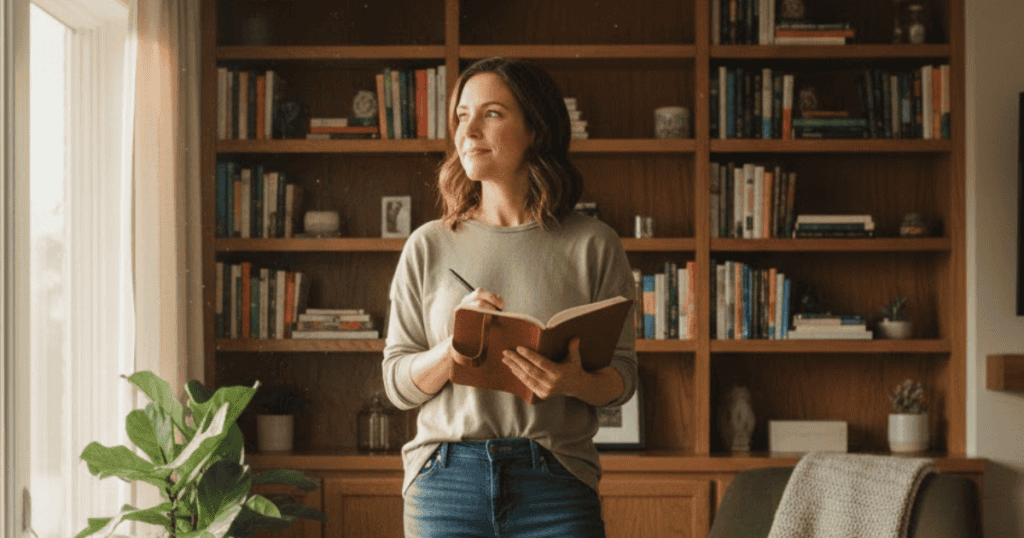 A woman stands in a living room full of bookshelves, holding a journal and a pen while gazing out the window; documenting her thoughts helps her process the reality of a dissolved illusion.