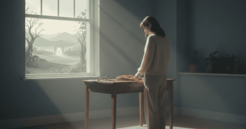 A woman stands in a sunlit room looking down at a wooden table with keys and books, representing a sense of isolation even while being in a well-lit, seemingly open space.