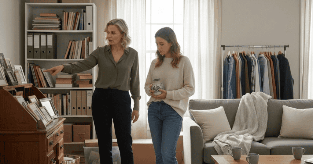 An older woman points out specific items on a shelf to a younger woman holding a vase, highlighting a persistent and belittling focus on perceived flaws.