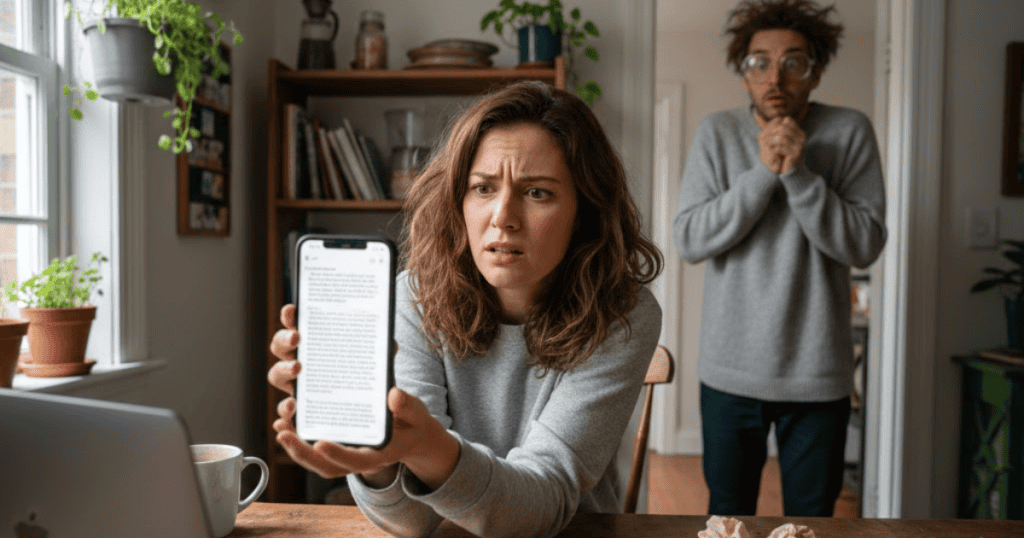 A woman looks shocked at her phone while a man stands behind her looking concerned and disheveled; the sudden revelation on the screen suggests the true, manipulative nature of the relationship has been exposed.