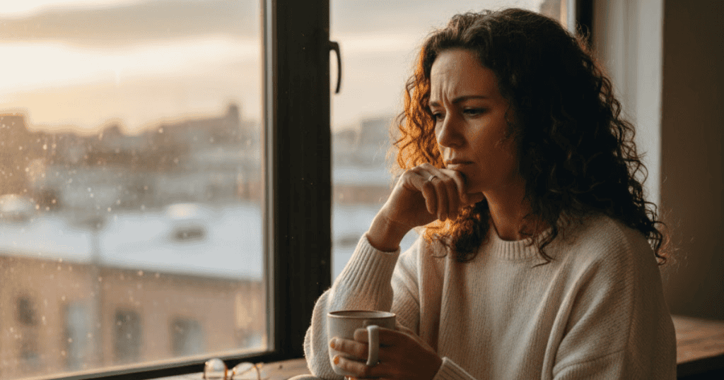 A woman looks out a rainy window with a serious expression, her gaze shifting from passive contemplation to a look of firm resolve.