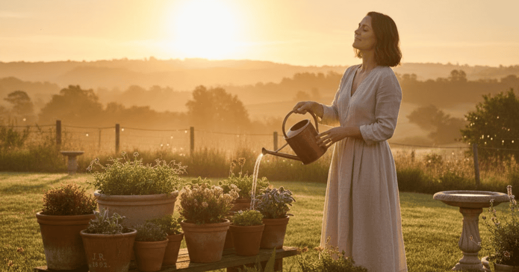 A woman in a long dress waters plants in a sunny garden with a peaceful expression, suggesting the liberating power of personal radiance.