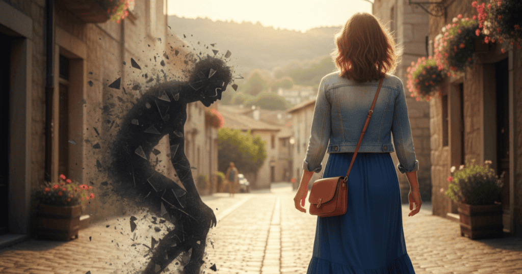 A woman walks away down a sunlit street as a dark, crumbling figure fades behind her, symbolizing protecting yourself from narcissistic fast love by choosing distance and self-preservation.