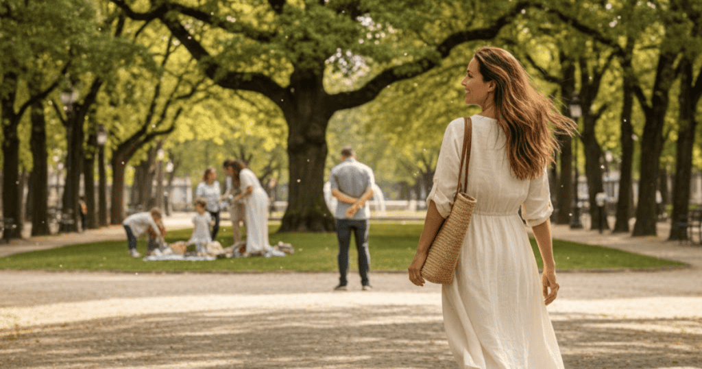 A woman walks away from a group having a picnic in a sunny park, looking over her shoulder with a relaxed expression; she appears to be focusing on her own path forward.