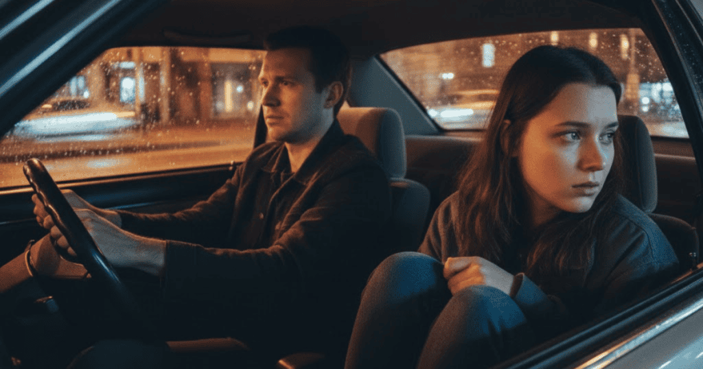 A man with a tense expression drives at night while the woman beside him looks away with an anxious, tucked-in posture, illustrating how shared private spaces can reveal underlying relationship dynamics.
