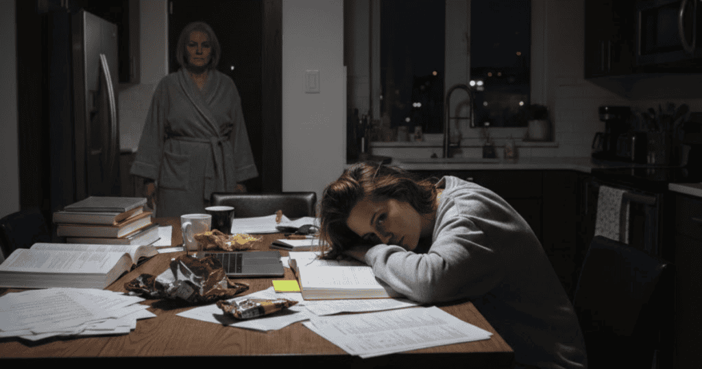 An exhausted woman rests her head on a pile of books while an older figure watches from the shadows, illustrating how the endless search for clinical explanations can leave one paralyzed.