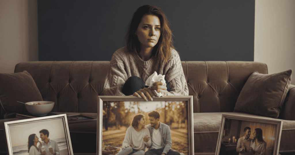 A tearful woman sits on the floor surrounded by framed photos of her and a man, recalling better times; the bittersweet memory contrasts with the present sorrow, revealing that initial bliss was an illusion.