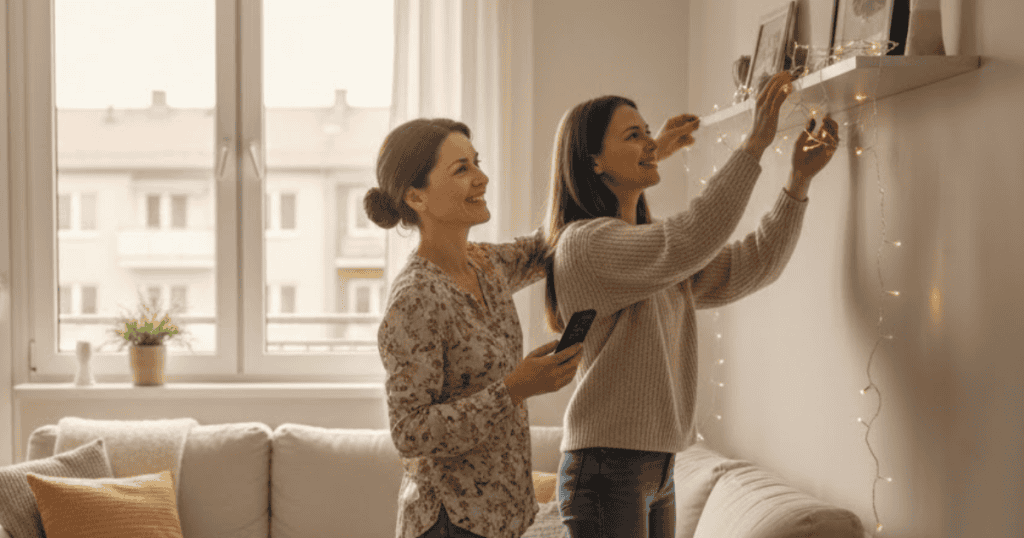 Two women smile while hanging fairy lights together on a wall, depicting the kind of warm, empathetic connection that is often mimicked to disguise harmful intent.