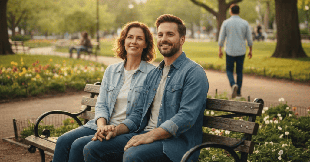 A smiling couple sits closely together on a park bench in warm light; their happy appearance suggests a current state of peace and self-assurance.