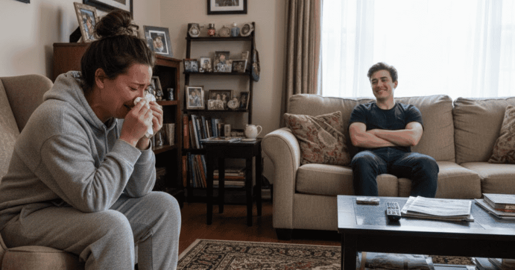 A woman covers her face in distress while a man sits casually on the sofa nearby, his relaxed demeanor betraying a quiet satisfaction in the unfolding emotional scene.