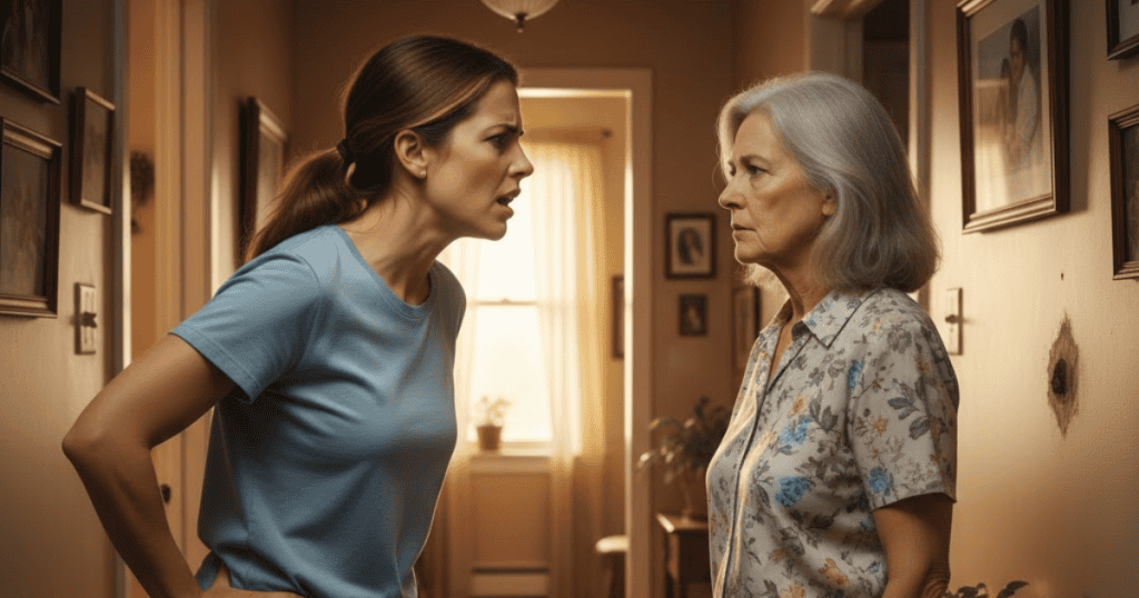 A younger woman confronts an older woman in a hallway; the older woman's blank expression focuses only on creating an emotional reaction.