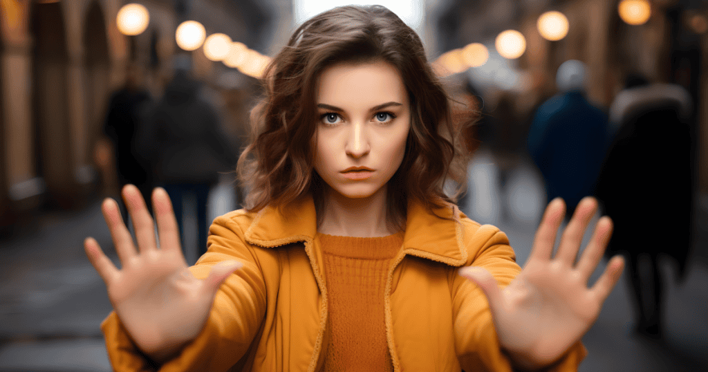 A young woman stands firmly on a city street with both hands raised in a stop gesture, visualizing the act of drawing a distinct personal line.