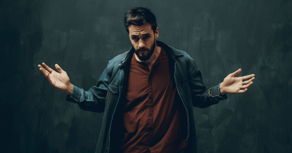A bearded man shrugs with open palms and a dismissive expression, reflecting the frustration of encountering something that his ego cannot control.