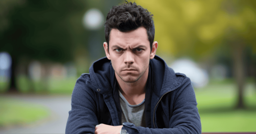 A man sits on a park bench with a scowl and crossed arms, showing the brooding reaction to having his vulnerabilities brought to light.