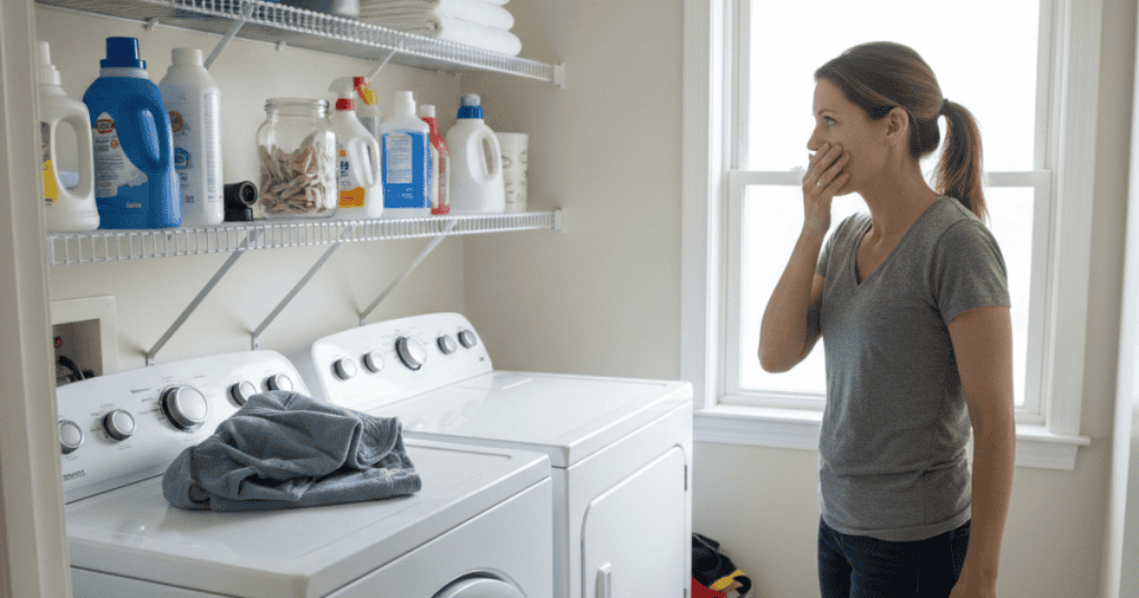 A woman stands in a laundry room looking toward a shelf of cleaning supplies, where a small dark object sits positioned to observe the space.