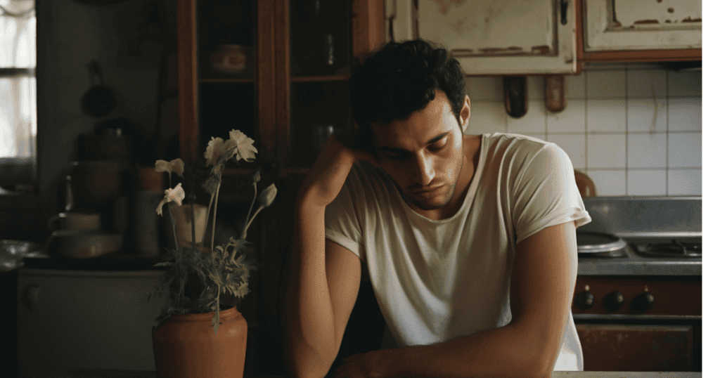 A man sits alone at a kitchen table looking down in defeat, reflecting the draining realization that his usual tactics are suddenly ineffective.