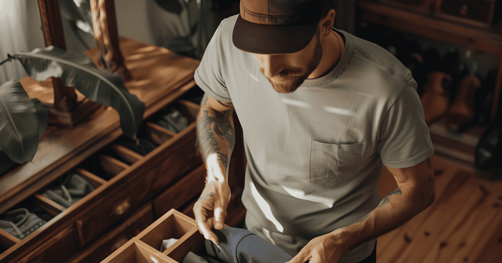 A man quietly rummages through a drawer inside his home, reflecting how narcissists carefully hide things they don’t want anyone to uncover.