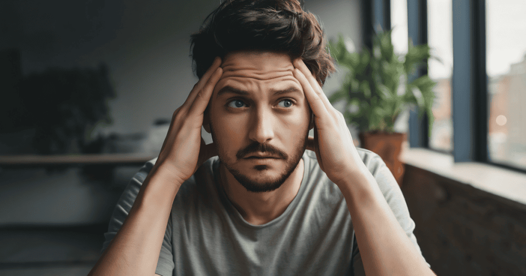 A close-up of a man clutching his head in visible distress, overwhelmed by the frustration of encountering a psychological wall he cannot navigate.