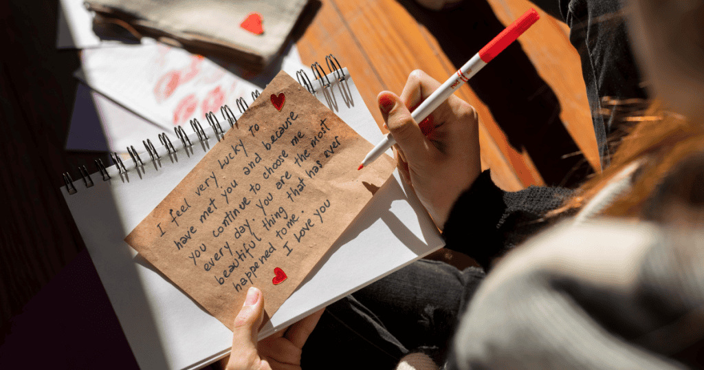 A woman carefully pens a romantic message on a heart-adorned note, her deliberate touch suggesting a curated collection of sentiments kept for a specific purpose.