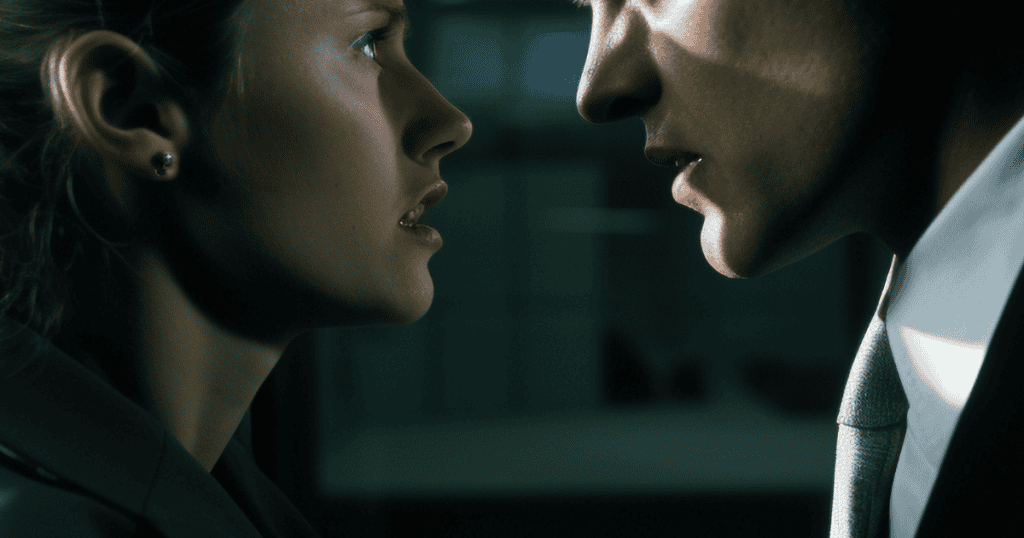 A woman looks up tensely at a man looming over her in shadow, capturing the immediate return of an unequal and intimidating power dynamic.