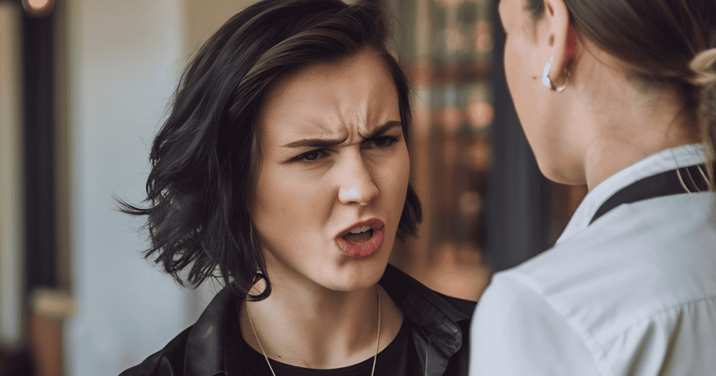 A woman speaks intensely with a furrowed brow to a person standing opposite her, depicting the uncomfortable friction when undeniable reality is presented.