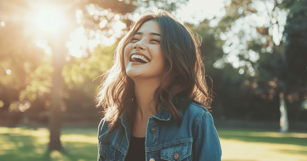 A smiling woman looks up toward the sunlight with genuine joy, radiating the lightness and freedom found in actively correcting her life's path.