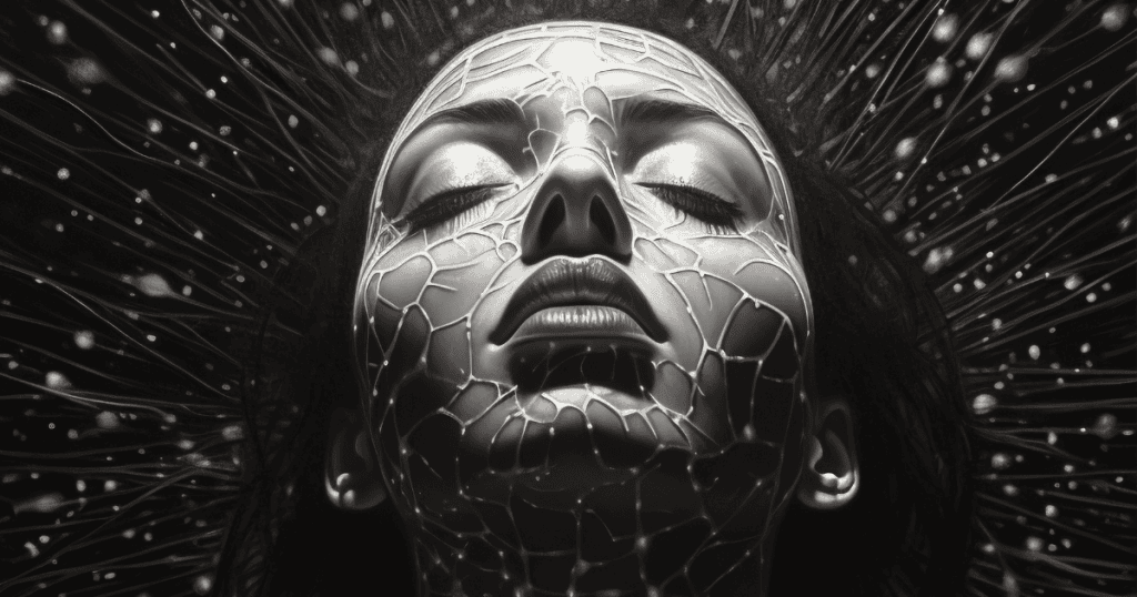 An artistic black-and-white close-up shows a womanโs face covered in a web of glowing, neural-like patterns, evoking the intricate and complex messages surfacing from deep within the mind.