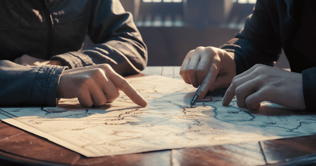 Close-up of two people pointing at specific locations on a vintage map, symbolizing the search for the hidden logic buried underneath hostility.