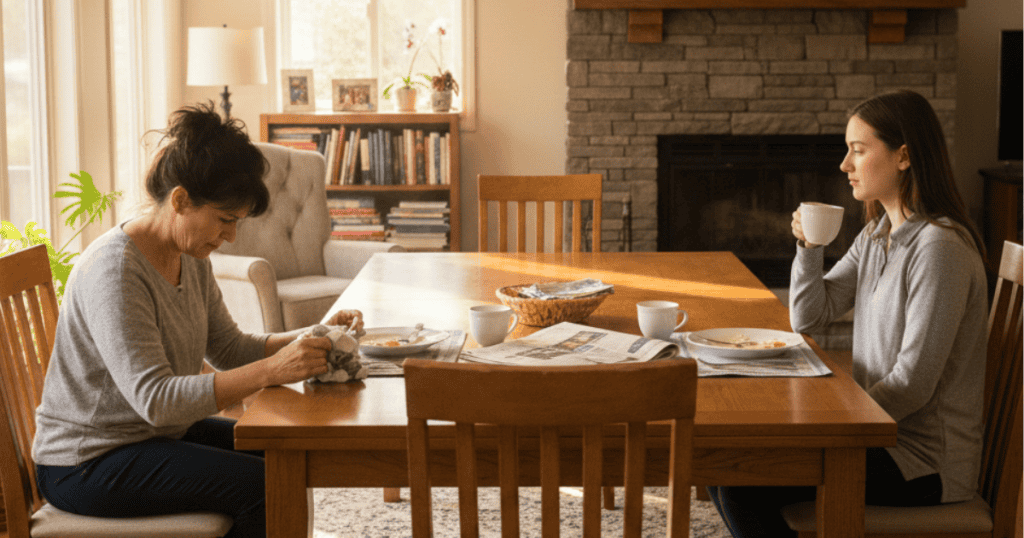 Two women sit at a wooden dining table in a sunlit room, their lack of eye contact revealing a deep and irreparable disconnection.
