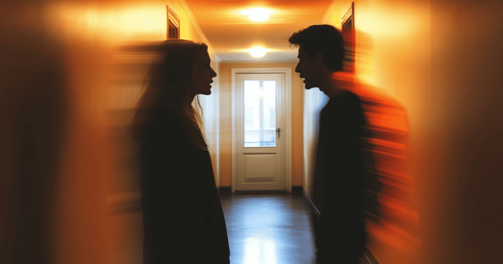 Two figures stand in a hallway appearing to argue amidst motion blur, illustrating the turbulent reaction that erupts when the status quo is finally disrupted.