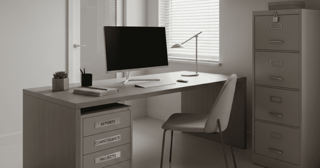 A minimalist home office features a desk and a locked metal filing cabinet, serving as a private repository for sensitive personal records.